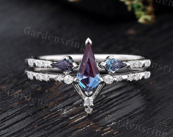 Vintage Alexandrite engagement ring set white gold Micro pave set dainty Diamond Moissanite wedding ring kite Bridal Anniversary ring set