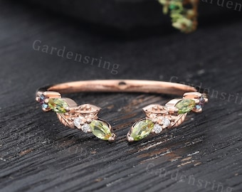 Vintage Peridot wedding band marquise cut Curved wedding band Unique Moissanite Open wedding band Rose gold Alexandrite leaf ring for women