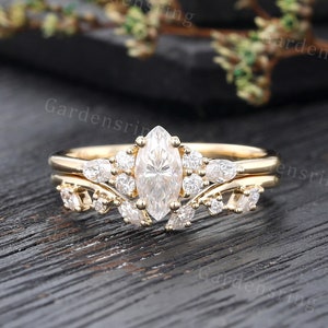 Vintage Moissanite Engagement ring Set 14k gold unique Cluster marquise cut Diamond wedding ring Bridal set promise Anniversary ring set