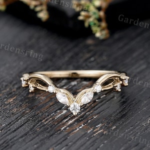 Vintage Marquise cut Moissanite wedding band Unique solid gold curved wedding band diamond ring matching Stacking ring Anniversary gift ring