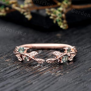Marquise cut Moss agate wedding band Unique Rose gold curved wedding band vintage Open wedding band matching leaf ring Anniversary gift