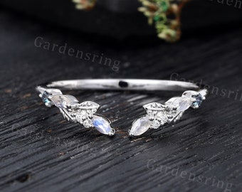 Moonstone Curved wedding band Unique white gold Open wedding band Round cut Alexandrite Moissanite Wedding ring Leaf Stacking ring for women