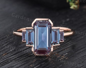 Unique Alexandrite engagement ring emerald cut ring Rose gold five stone ring women Baguette cut stacking bridal ring Art deco promise ring