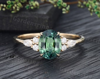 Oval cut Natural Blue Green sapphire Engagement ring Vintage Rose gold Marquise cut Moissanite Diamond ring Bridal Marriage Anniversary ring