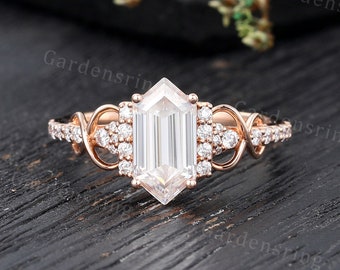 Vintage Moissanite engagement ring Rose gold Long hexagon Diamond ring Art Deco Twist Infinity Promise Marriage Anniversary Bridal ring gift