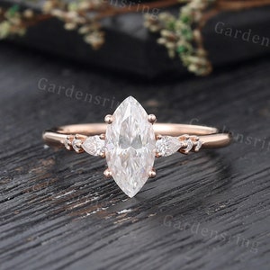 Marquise cut Moissanite Engagement ring Vintage Rose gold Pear shaped Diamond wedding ring Unique Bridal stacking promise Anniversary ring