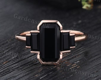 Emerald Cut Black Onyx Engagement Unique Rose Gold Black Gemstone