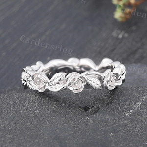 Vintage Solid 14K white Gold Floral wedding band Unique Simple Plain Gold wedding band Dainty Promise Marriage Anniversary Minimalist ring