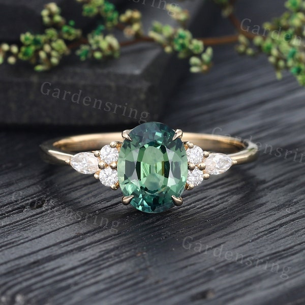 Ovalschliff Blau Grün Saphir Verlobungsring Vintage 14k Gold Marquise Schnitt Moissanit Diamant Ring Cluster Braut Versprechen Jahrestag Ring