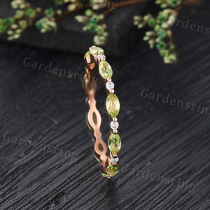 Full Eternity Marquise cut Peridot wedding band Rose gold Moissanite Vintage Stacking matching ring Promise bridal Anniversary wedding ring