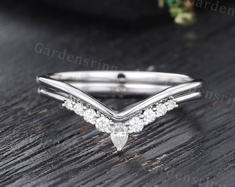Unique Moissanite curved wedding band white gold pear shaped Diamond wedding band Vintage Matching Delicate Promise Marriage Anniversary