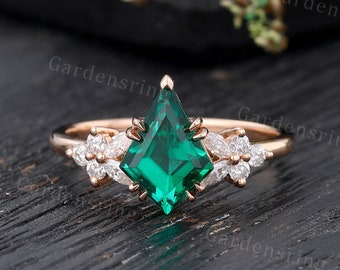 Vintage Emerald Engagement ring Rose gold kite cut engagement ring Cluster marquise moissanite Diamond Bridal ring promise Anniversary ring