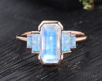 Emerald cut Moonstone engagement ring Unique Rose gold opal engagement ring Baguette cut ring Blue gemstone ring women bridal promise ring