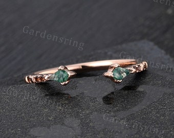 Kite cut Moss Agate Open wedding band Vintage Rose gold Micro pave smoky agate wedding band stacking Delicate matching band Promise ring