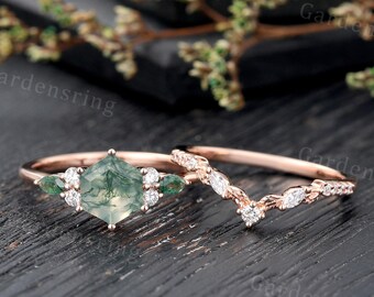 hexagon cut Moss Agate Engagement ring set Vintage rose gold marquise cut moissanite wedding band diamond leaf Bridal set Anniversary gift