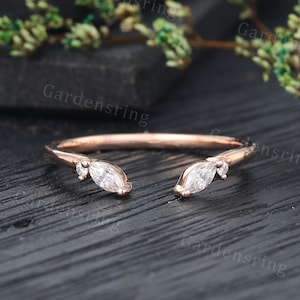 Marquise cut Moissanite Open wedding band Vintage Dainty Rose gold Diamond wedding band Delicate Promise Marriage Anniversary wedding band