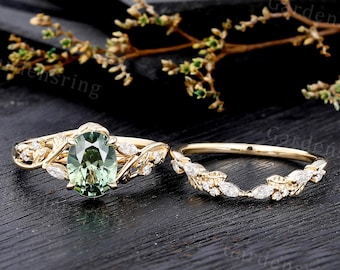 Oval cut Green Sapphire Engagement Ring set vintage 14k gold marquise cut moissanite wedding band diamond leaf Bridal Set  Anniversary gift
