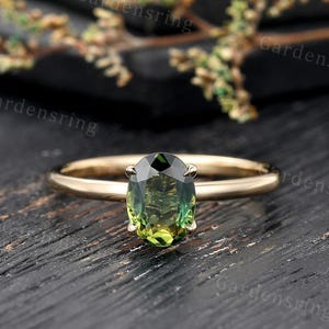 Oval cut Blue Green sapphire Engagement ring Vintage 14k gold Solitaire engagement ring teal sapphire ring Bridal promise Anniversary ring