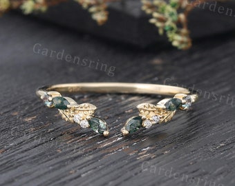 Marquise cut Moosachat Trauring Einzigartige solide 14 Karat Gold Alexandrit geschwungener Ehering Moissanit passender Bandversprechen Jahrestagring