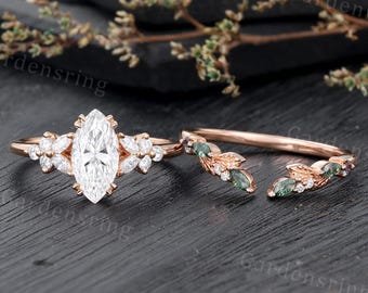 Marquise cut Moissanite Engagement ring set Vintage moss agate wedding band Rose gold Cluster shank Unique leaf Bridal set Anniversary gift