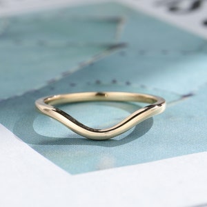 Curved Wedding band vintage solid 14k yellow gold antique wedding band women simple plain band Unique matching ring Bridal promise gift
