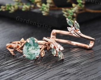 Rose gold Moss agate engagement ring Unique Leaf Branch ring pear shaped bridal set Moissanite open band art deco Promise Anniversary ring