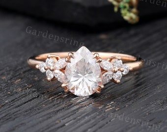 Vintage Moissanite Engagement ring Rose gold pear shaped engagement ring Cluster marquise cut Diamond Bridal ring promise Anniversary ring