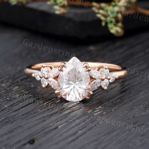 Vintage Moissanite Engagement ring Rose gold pear shaped engagement ring Cluster marquise cut Diamond ring Bridal promise Anniversary ring