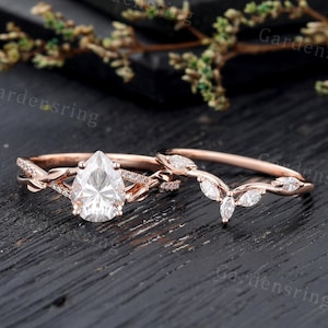 Pear shaped Moissanite Engagement ring Set Rose gold vintage marquise cut Diamond wedding ring leaf ring Bridal set promise Anniversary gift