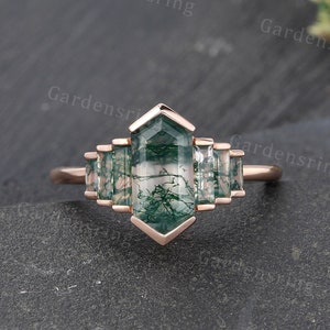 Hexagon cut Moss agate engagement ring Unique Rose gold Baguette cut ring Bezel set ring women stacking bridal ring Art deco promise ring
