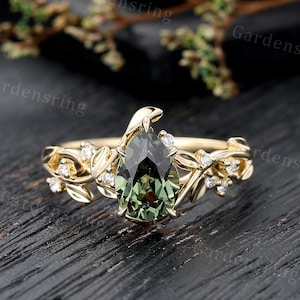 Pear shaped Green Sapphire engagement ring solid gold Vintage moissanite ring unique Diamond leaf ring women bridal promise Anniversary ring