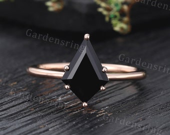 Kite cut Black onyx engagement ring Rose gold solitaire ring Black gemstone ring simple Women Birthstone  bridal Promise Anniversary ring