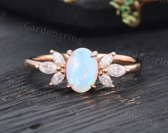 Natural White Opal ring Dainty Rose gold Oval cut engagement ring Unique Prong set ring Marquise cut Diamond wedding ring women promise ring
