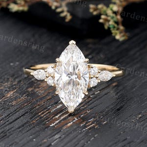 Marquise cut Lab Grown Diamond Engagement ring Vintage solid gold engagement ring for women Cluster ring Bridal promise Anniversary ring