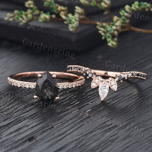 Pear Black Rutilated Quartz engagement ring set Vintage Rose gold Pave Moissanite Diamond black Onyx Promise Marriage Bridal Anniversary set