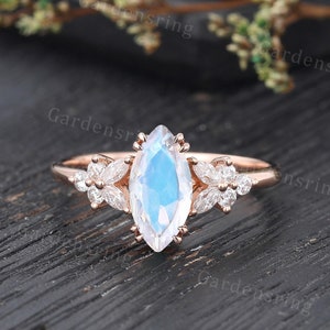 Marquise cut Moonstone Engagement ring Vintage rose gold Cluster Moissanite Diamond wedding women Unique Bridal promise Anniversary ring