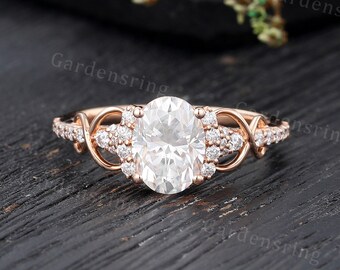 Vintage Moissanite engagement ring Rose gold oval cut Diamond ring Art Deco Twist Infinity Promise Marriage Anniversary Bridal ring gift