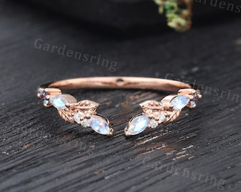 Moonstone Curved wedding band Unique Rose gold Open wedding band Round cut Alexandrite Moissanite Wedding ring Leaf Stacking ring for women