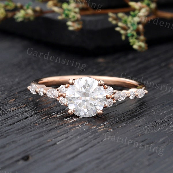 Vintage Moissanite engagement ring Rose gold stacking Half eternity band Marquise cut Simulated Diamond bridal ring Promise Anniversary ring
