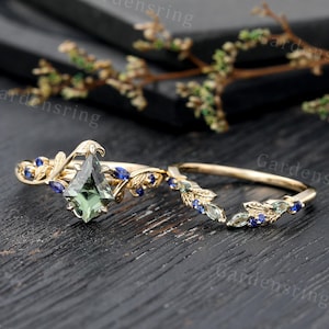 Kite cut Green Sapphire engagement ring set vintage solid gold marquise cut sapphire wedding band leaf bridal set promise anniversary ring