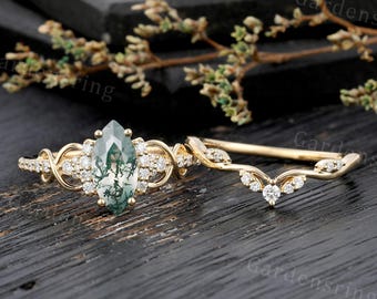 Marquise cut Moss Agate engagement ring Set vintage solid gold Moissanite wedding ring half eternity diamond bridal set Anniversary gift