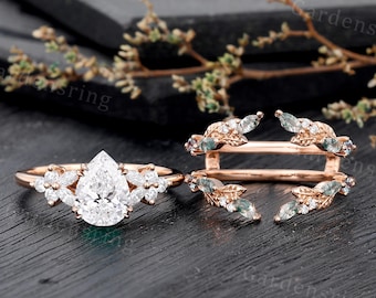 Pear shaped Lab Diamond Engagement ring set Vintage rose gold marquise cut moss agate wedding band enhancer ring leaf Bridal set Anniversary