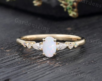 Vintage Opal engagement ring Unique oval cut solid 14k gold pear shaped Moissanite diamond ring promise moonstone Bridal Anniversary ring