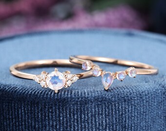 Square Rainbow Moonstone silver Lotus fitted alternative wedding ring set.