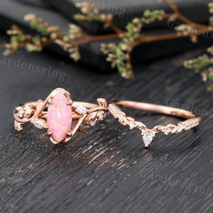 Marquise cut Pink Opal Engagement ring set Vintage moissanite wedding band rose gold diamond leaf ring Bridal set promise Anniversary gift