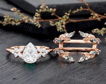 Pear shaped Moissanite Engagement ring set Vintage marquise moss agate wedding band Rose gold enhancer band leaf Bridal set Anniversary gift