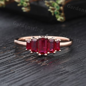 Vintage ruby engagement ring Baguette cut Rose gold Art Deco stacking band five stone Promise women prong set Anniversary ring gift for her