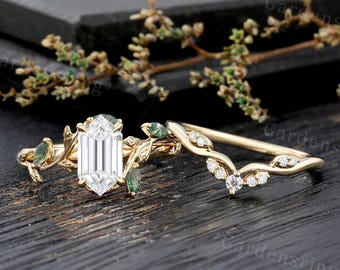 Lange zeshoekige moissaniet verlovingsring set geelgouden marquise geslepen mosagaat trouwring vrouwen blad ring bruids set verjaardag ring