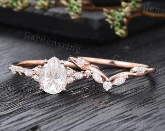 Pear Shaped Moissanite Engagement Ring Set Vintage Rose