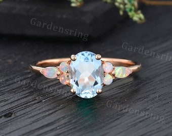 Oval cut Aquamarine ring Vintage Rose gold engagement ring Marquise cut Natural Opal ring Cluster Wedding ring Women March Birthstone ring